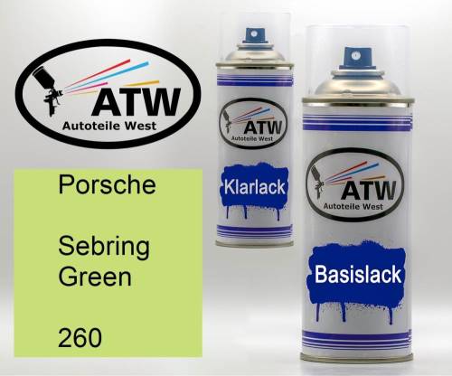 Porsche, Sebring Green, 260: 400ml Sprühdose + 400ml Klarlack - Set, von ATW Autoteile West.
